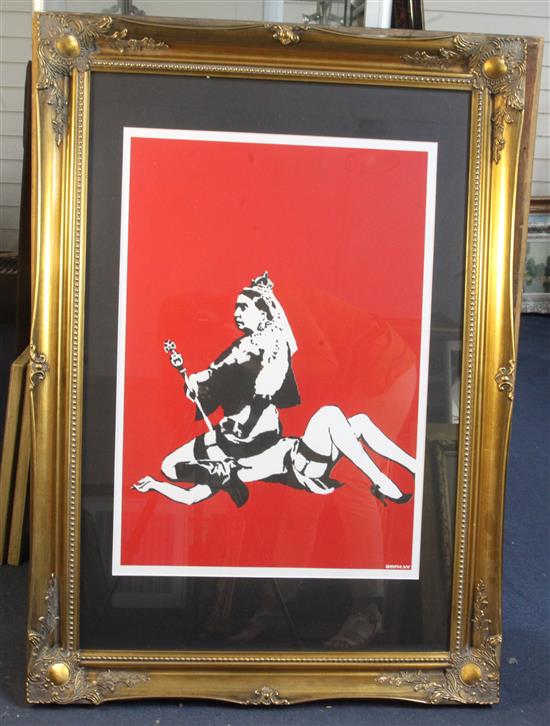 After Banksy, Queen Vic, screen print, unsigned, 26.5 x 19in.